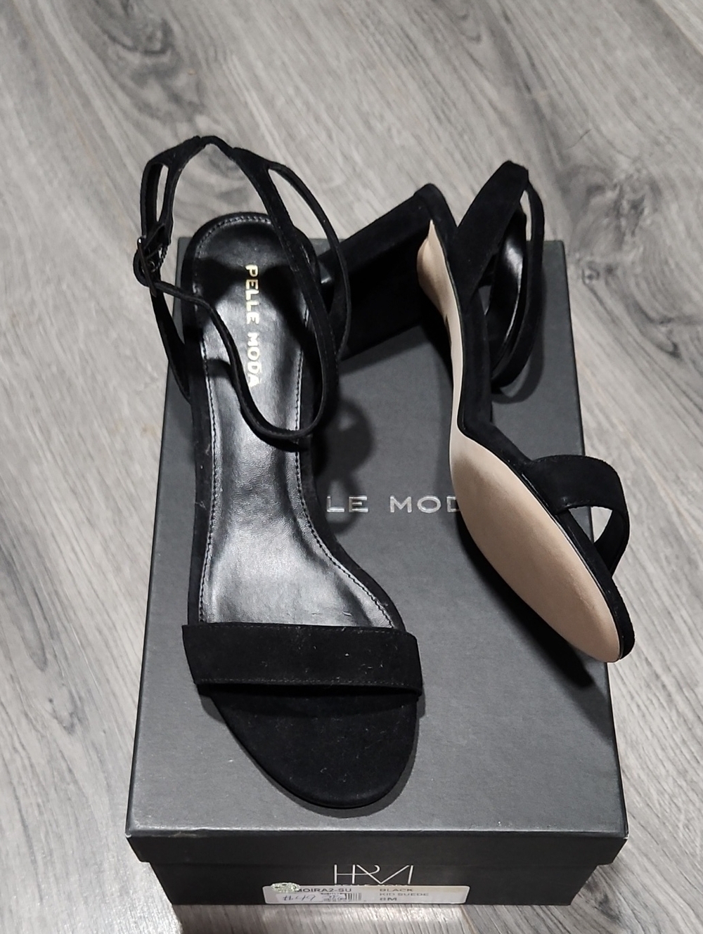 Pelle Moda Black Kid Suede Strappy Block Heel Sandals